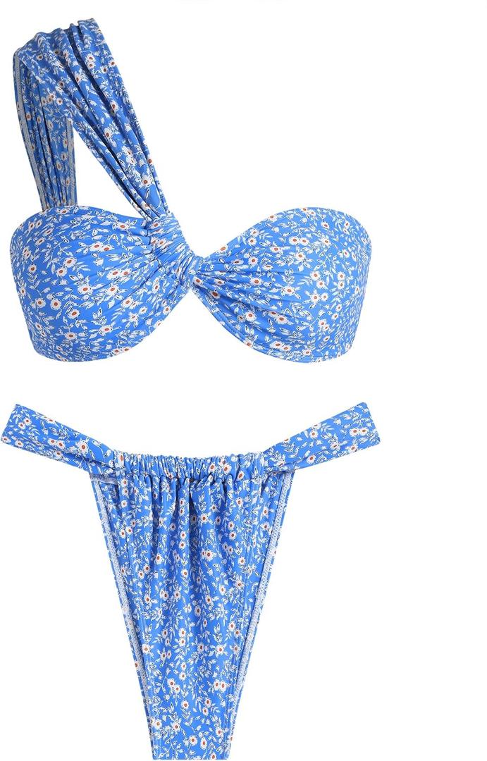 ZAFUL Women's One Shoulder Bikini Twisted Ruched High Cut Bandeau Bikini Set Two Piece Swimsuit (Large, 4-floral Blue)