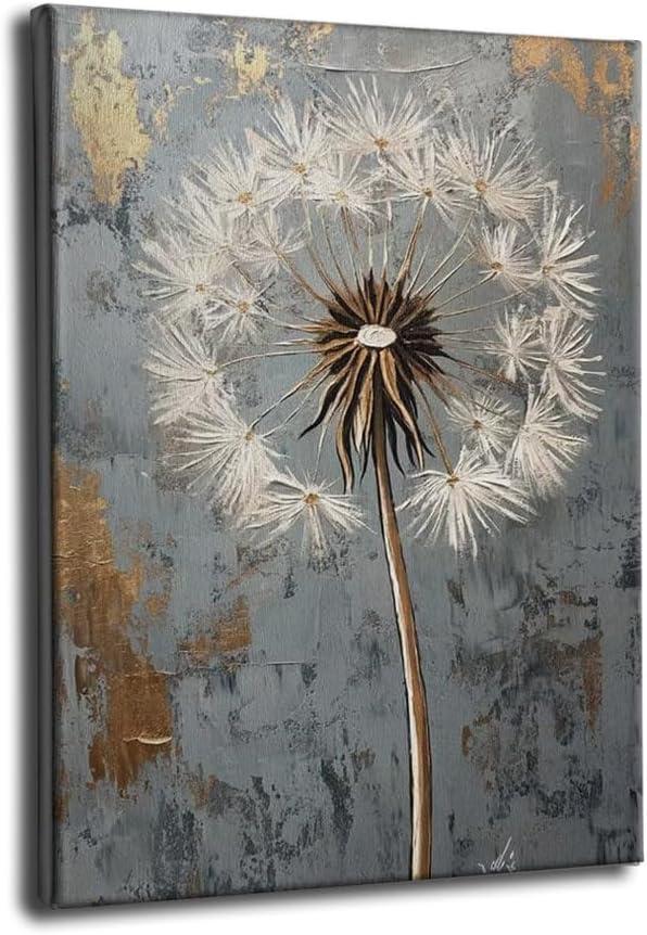 Dandelion Canvas Wall Art Rustic Grey Background Farmhouse Decor Modern Abstract Floral Artwork for Kitchen Baby Nursery Spa Bathroom Serenity Wall Decor (Dandelion, 16x24 inch, Wrapped Canvas)