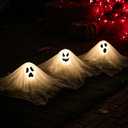 JOYIN Halloween Outdoor Decorations White Ghost Garden Stakes with Light Up Design (3 Packs), Cloth Ghost for Halloween Lights, Graveyard Yard Lawn Decorations