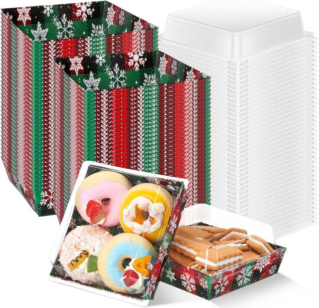 Potchen 50 Pack Christmas Charcuterie Boxes with Clear Lids  Red & Green Plaid Snowflake Design Boxes with Window for Cookies, Candy, and Mini Cakes  Ideal for Gift Giving & Bakery Packaging