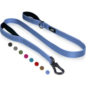 TwoEar 6FT 1IN Strong Dark Blue Dog Leash with 2 Padded Handles, Traffic Handle Extra Control, Comfortable Soft Dual Handle, Auto Lock Hook, Reflective Walking Lead for Small Medium and Large Dogs