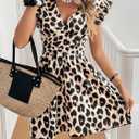 SweatyRocks Women's Leopard Print Mini Dress Short Sleeve V Neck Ruffle A Line Flowy Summer Dresses (Brown, S)