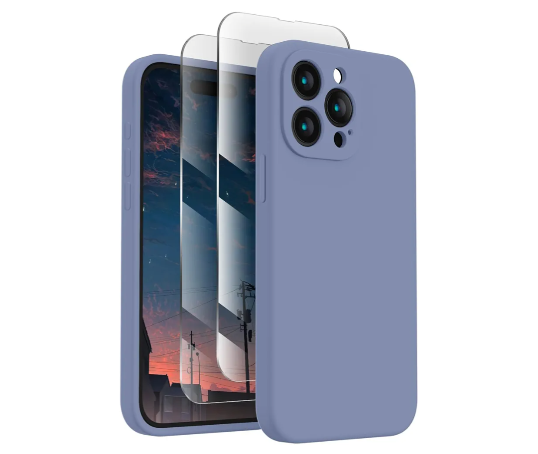 iPhone 15 Pro Case, Silicone Upgraded [Camera Protection] Phone Case with [2 Screen Protectors], Soft Anti-Scratch Microfiber Lining Inside, 6.1 inch, Lavender Gray