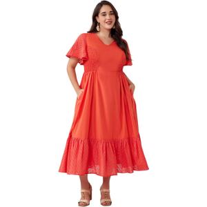 Plus Size Vacation Dresses for Women 2025 Summer Beach Dress Elegant Hollow Out Boho Dress with Pockets (Orange, XL)