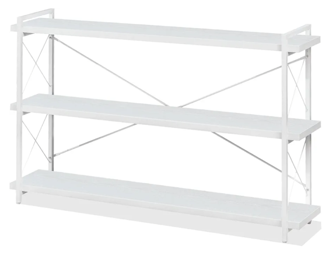HCHQHS Bookshelf, 3-Tier Long Industrial Bookcase, White Open Book Shelf, Freestanding Horizontal Bookshelves with Metal Frame