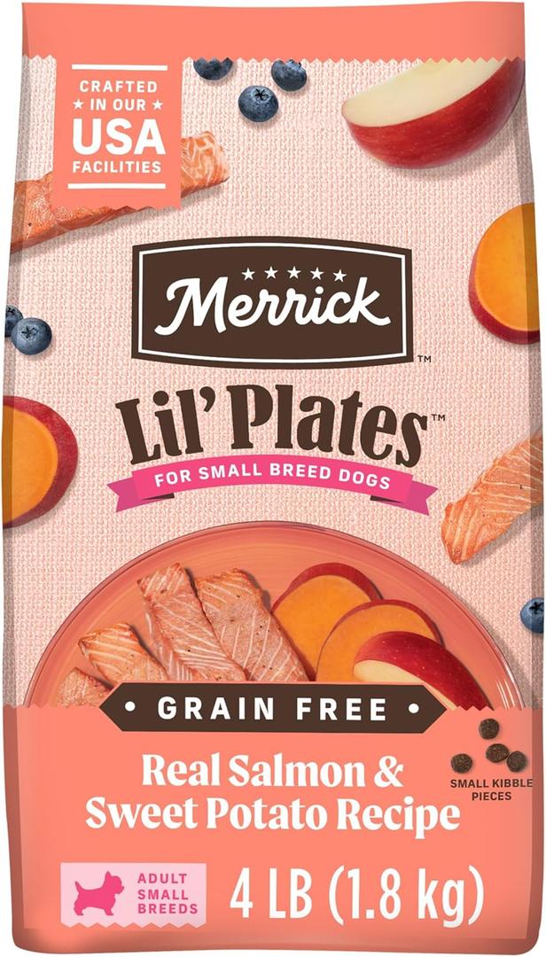 Merrick Lil Plates Premium Grain Free Dry Dog Food for Small Dogs, Real Salmon and Sweet Potato Kibble - 4.0 lb. Bag (4 Pound (Pack of 1))