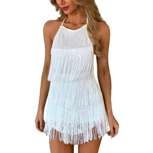 Ella Lust Sexy Backless Fringe Dress Jumpsuit - Western Country Concert Cowgirl Outfit for Women Nashville Tassel Romper (Large, White)