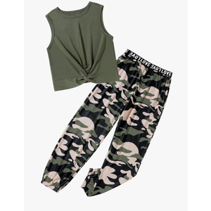 Kids Clothes Girls Twist Front Tank Top Letter Print Elastic Waist Camouflage Pants with Pockets Summer Girls Clothes 11-12 Y