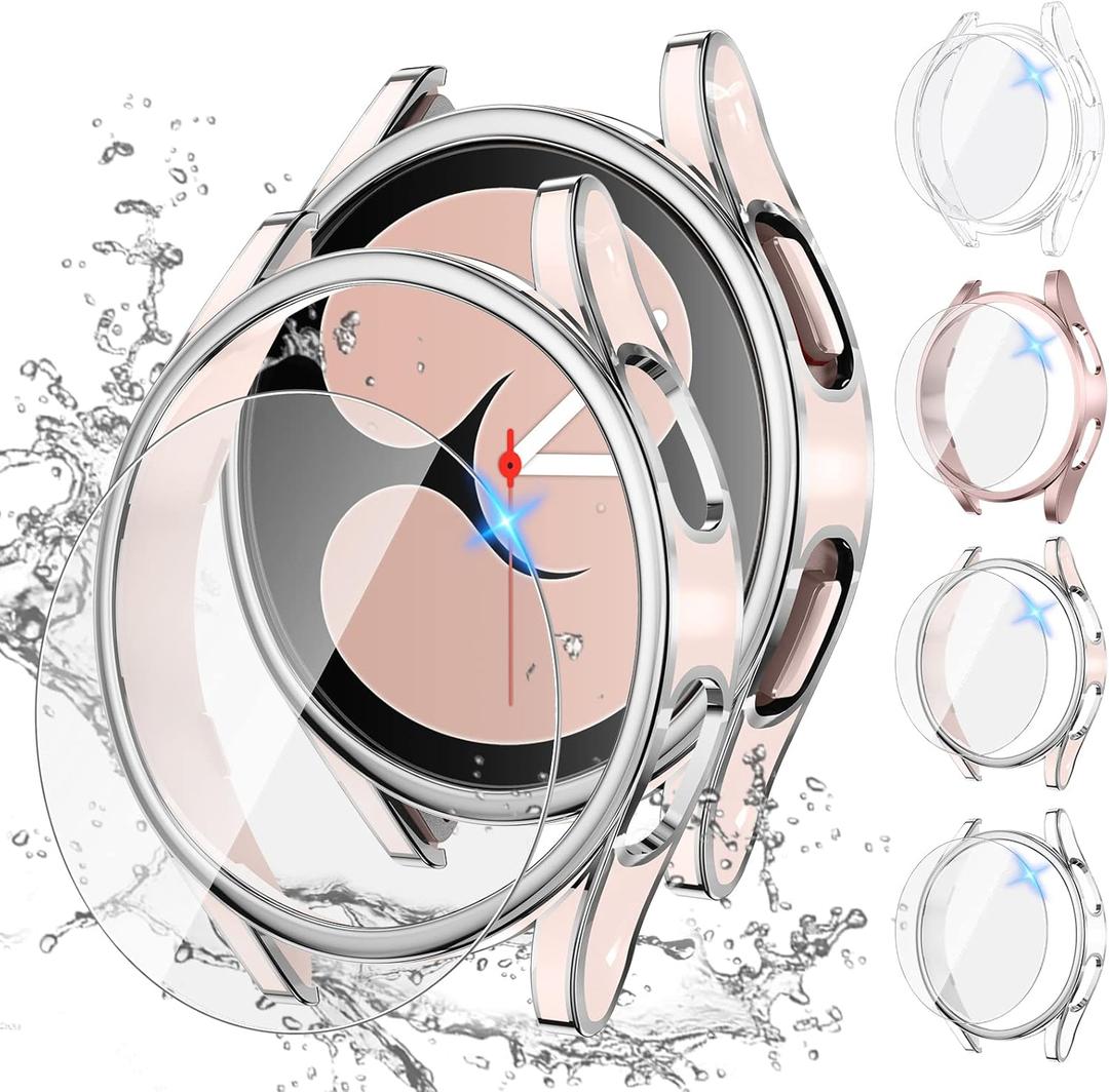 Tensea [4+4 Pack for Samsung Galaxy Watch FE 2024/5 2022/4 2021 Screen Protector Case 40mm Accessories, Hard PC Bumper/HD Anti-Fog Tempered Glass Protective Film, Face Cover Set (Clear/Pink Gold/Pink-Silver/White-Silver)