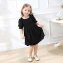 Neutocd Toddler Baby Girl Dress Ruffle Short Sleeve Elastic Solid Square Neck Flared Plain Casual Summer Dresses for Girls (3-4T, #0 Black)