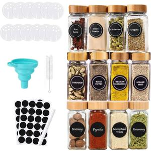 Glass Spice Jars with Label - Square Spice Containers 4 oz - Includes Cleaning Brush & Label pen - Seasoning Jars - 12Pcs