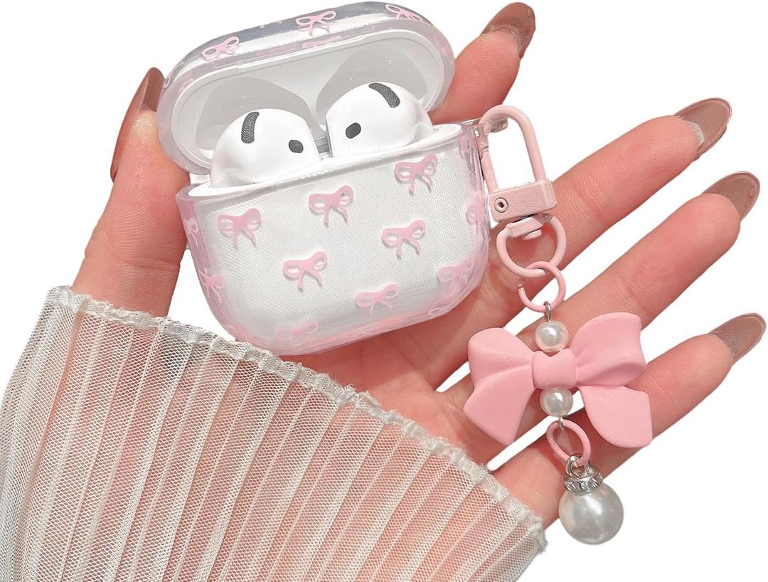 MINSCOSE Compatible with AirPods 4 Clear Case,Cute Bow Pattern Pretty Ribbon Aesthetic Design with Bow Pearl Keychain,Soft TPU Protective Shockproof Case for Women Girl for AirPods 4-Pink