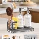 Kitchen Soap Dispenser Set with Drying Tray 16oz Glass Bottles with Stainless Steel Pumps, Sink Organizer Caddy with Brush Holder & Non-Slip Feet All-in-One Dish & Hand Soap Station