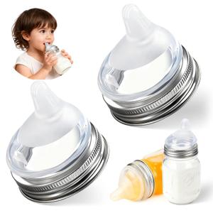 Palksky Silicone Mason Jar Sippy Cup Lids, Regular Mouth Mason Jar Drinking Lids for Toddlers, Reusable Leak-Proof Bottle Nipples for Baby & Kids Transition Cups, 2 Pack