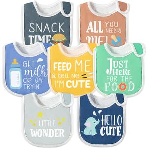 7Pcs Cotton Waterproof Baby Bibs Hook Loop Closure Newborn Bib Keepsake Baby Gift for Drooling Feeding Eating (Word)