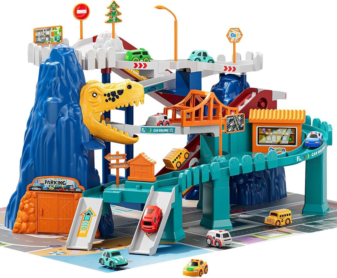 TEMI Boys Dinosaur Race Track Playset, Kids Car Garage Parking Adventure Toy with 10 Mini Cars, Educational Toy Ramp Playset for 3 4 5 7 8 Year Old Toddler Boys Preschool Girls
