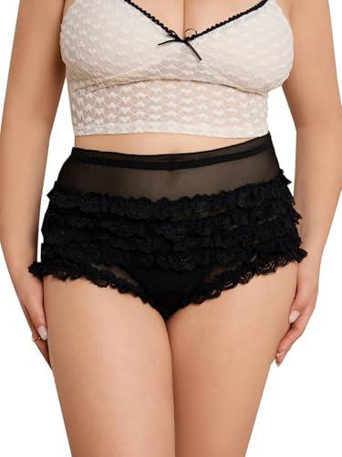 OYOANGLE Women's Plus Size Lace Ruffle Layered Panties Frill Trim Mid Rise Sheer Briefs Cute Underwear Black 3X-Large Plus
