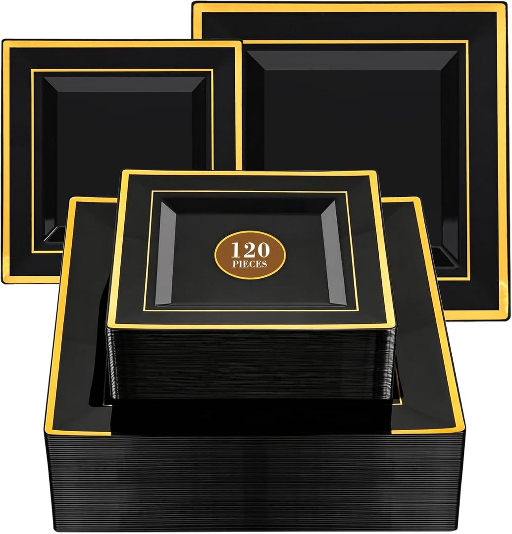 N9R 120PCS Black Square Plastic Plates, Disposable Plates Gold Rim