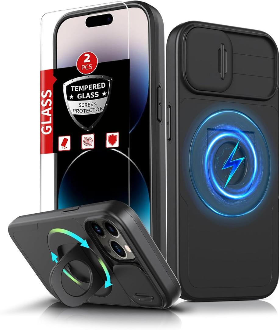 for iPhone 14 Pro Max Case Magnetic Compatible with MagSafe Wireless Charging,with 2 Screen Protectors,Built-in Kickstand Ring+Camera Cover Anti-Scratch Shockproof Heavy Duty Protection Black