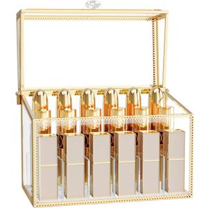 Lipstick Organizer,Luxury Tempered Glass Lipstick Holder & Nail Polish Organizer, 18-Slot Vanity Cosmetic Organizer with Removable Dividers, Gold