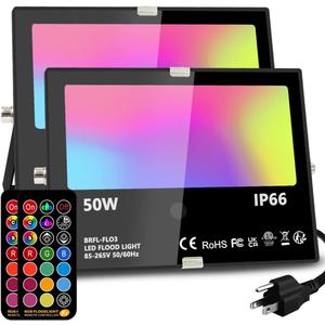 MELPO Led Flood Light Outdoor, 50W RGB Color Changing Landscape Lighting with Remote, Timing - 12 Colors - 4 Modes, IP66 Waterproof, US 3-Plug, (Pack of 2)