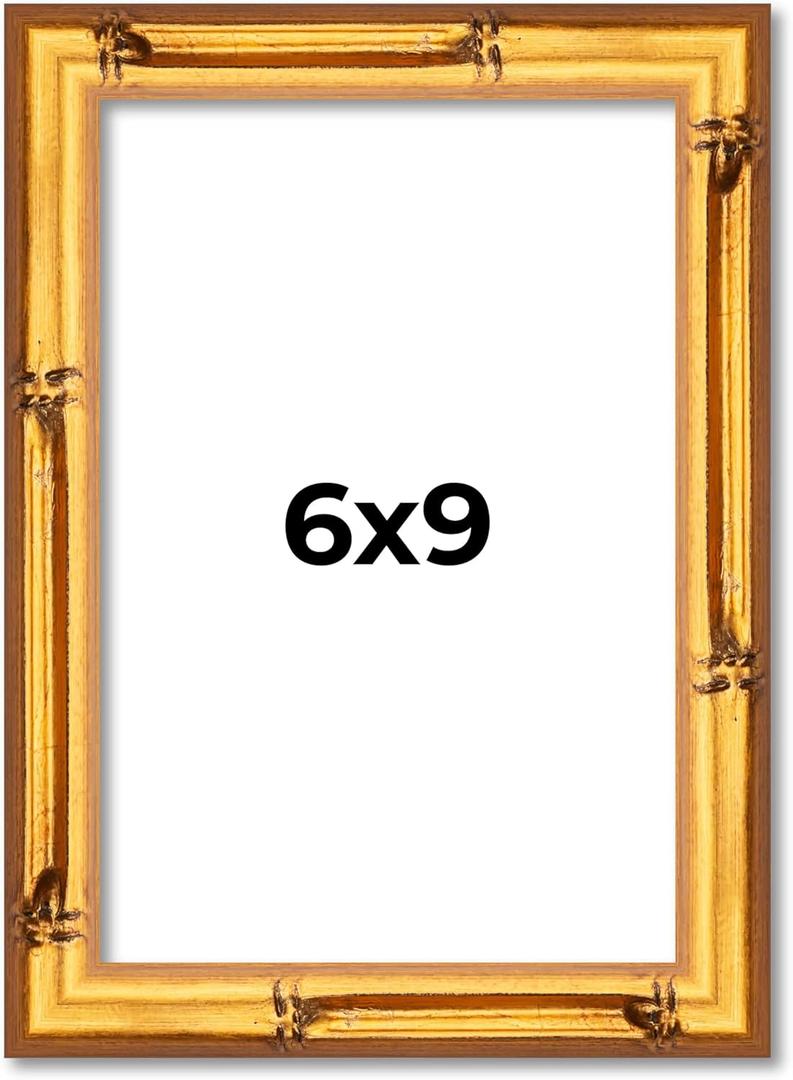 Poster Palooza 6x9 Frame Gold Bamboo Solid Wood Picture Frame with UV Acrylic, Foam Board Backing & Hanging Hardware Included