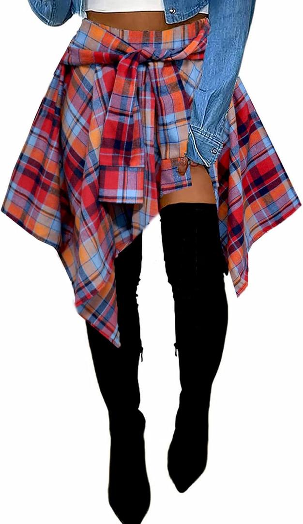 Women's Plaid Skorts Skirts - High Waisted Tie Front Pleated Summer Asymmetrical Skirt with Shorts (Medium)
