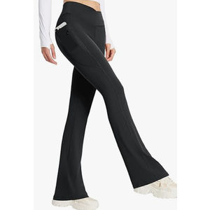 Baleaf Women's Flare Leggings with Zipper Pockets Crossover High Waist Bootcut Yoga Pants Tummy Control Bell Bottom Leggings