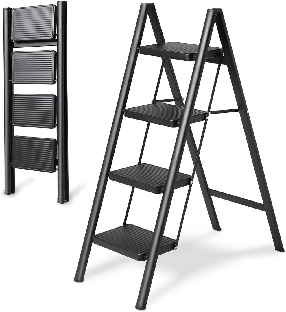 4 Step Ladder Folding Step Stool, Heavy Duty 330 Lbs Load Step Ladders for Home, Tall Kitchen/Closet Stepladder for Adults, Black Small & Lightweight Ladder with Anti-Slip Wide Pedals by OOSOFITT