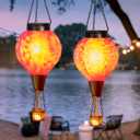 2PC Hot Air Balloon Solar Lantern with Flame, Pink Glass Balloon Lantern Lights Outdoor Waterproof, Hanging Solar Lights for Outside Garden Yard Patio Tree Porch Gift for Women Lovers Mom