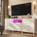 White Dresser for Bedroom with LED Lights and Power Outlets, 55" TV Stand with 10 Drawers & Open Shelves, Fabric Chest of Drawers with PU Finish, Metal Frame, Wood Top (White)