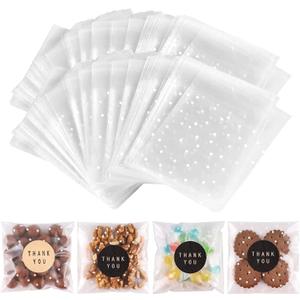 200PACK Self Sealing Cellophane Treat Bags Clear Cookie Bags for Gift Giving with Stickers(White Polka Dot, 4X4INCH)