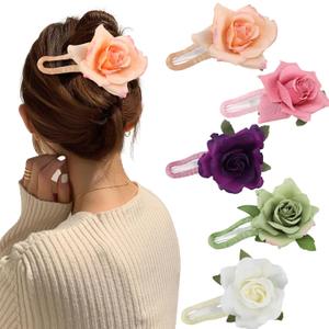 Canitor Fabric Flower Hair Clips for Women,Flat Hair Clips,Pink Rose Hair Accessories for Girl Party Mother's Day,Floral Hair Pins Barrettes