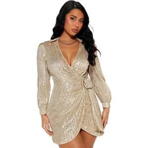 Sequin Saprkly Mini Dress Long Sleeve Homecoming V Neck Bodycon Dress Party Prom Cocktail Glitter Dress (Beige, XL)