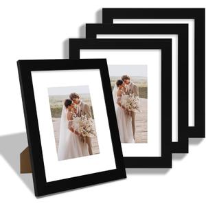 8x10 Picture Frame Set of 4, Made of Real Glass and Black Wooden Frame, 8 by 10 Photo for Wall or Tabletop - Display Picture 5x7 with Mat or 8x10 Without Mat
