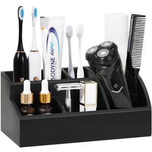 Luxspire Bathroom Counter Organizer, 5 Slots, Matte Black | Toothbrush Holder for Bathroom, Marble Bathroom Accessories for Toothbrush Toothpaste