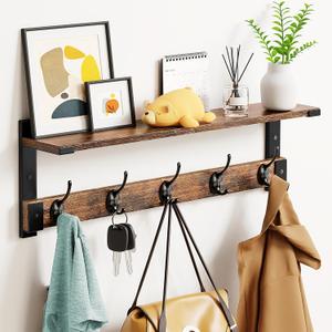Coat Rack Wall Mount with Hooks and Shelf for Coat, Backpack, Key, Clothes Hanger, Wall Floating Shelf for Entryway, Living Room, Bathroom, Bedroom, Kitchen (23.6" - 1 pack, Brown)