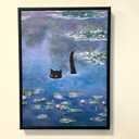 Gwindrise Framed Wall Art Painting: Black Cat in Water Lily Pond, 12x16-Inch, Monet Wall Art Vintage Prints, Cute Home Decor (Blue)