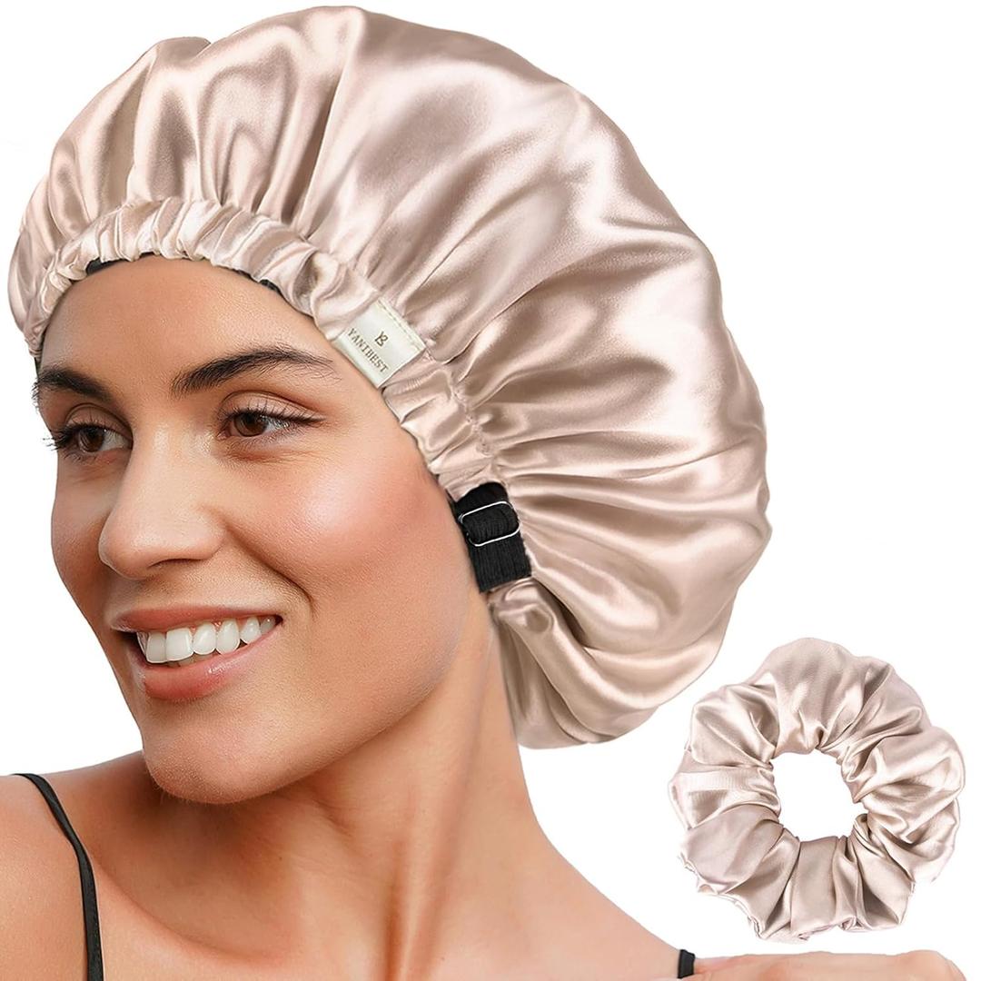 YANIBEST Adjustable Satin Bonnet Double Layer Hair Bonnet for Sleeping Bonnets for Women Hats Curly Natural Hair, Champagne (One Size)