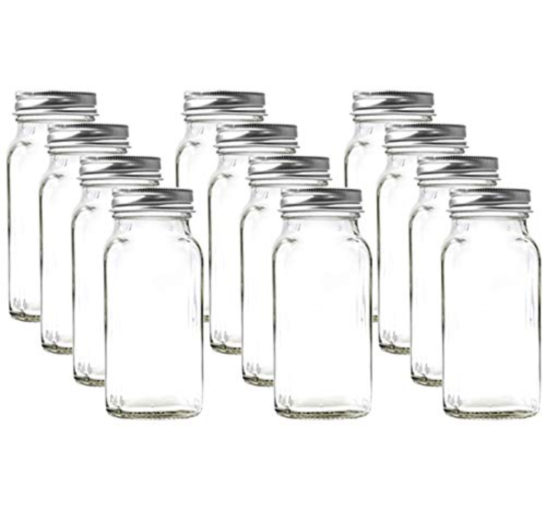 U-Pack 24pieces of Square Glass Spice Bottles 4 oz Spice Jars with Silver Metal Lids, Shaker Tops, and Labels
