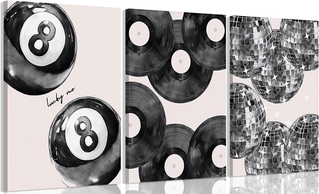 3Pcs Trendy Black White Canvas Wall Art Lucky 8 Ball Wall Decor Pictures Disco Ball Poster Prints Record Painting Artwork for Dormitory Bedroom Living Room Preppy Decoration 12x16in With frame (16L"x12W")