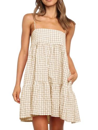Wenrine Womens Summer Plaid Mini Dress Casual Spaghetti Strap Sleeveless A Line Beach Sundress with Pockets Apricot Yellow Size S