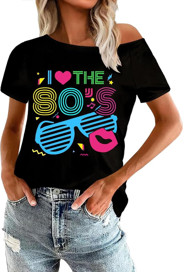 80s Shirts for Women Retro Off The Shoulder Top Disco 80s 90s Theme Party Outfit (Medium, B-black)