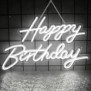Happy Birthday Neon Sign for Wall Decor, Dimmable LED Birthday Neon Light for Wall Decor Light Up Happy Birthday Led Signs for Backdrop Birthday Any Ages Bday Celebration Decoration, White