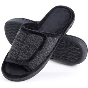 DL Adjustable Men's Memory Foam Slippers, Comfy Indoor Outdoor, Breathable Slide Bedroom Slippers Size 7-14 (11-12, Black)