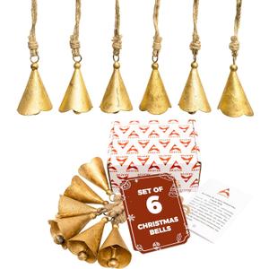 AKATVA Gold Christmas Ornaments Set  Vintage Christmas Decor for Tree  Gold Christmas Bells  Christmas Tree Ornaments for Holiday Season  Rustic Bells Hanging Ornaments  Set of 6 Pieces (6 pcs Cone Shape)