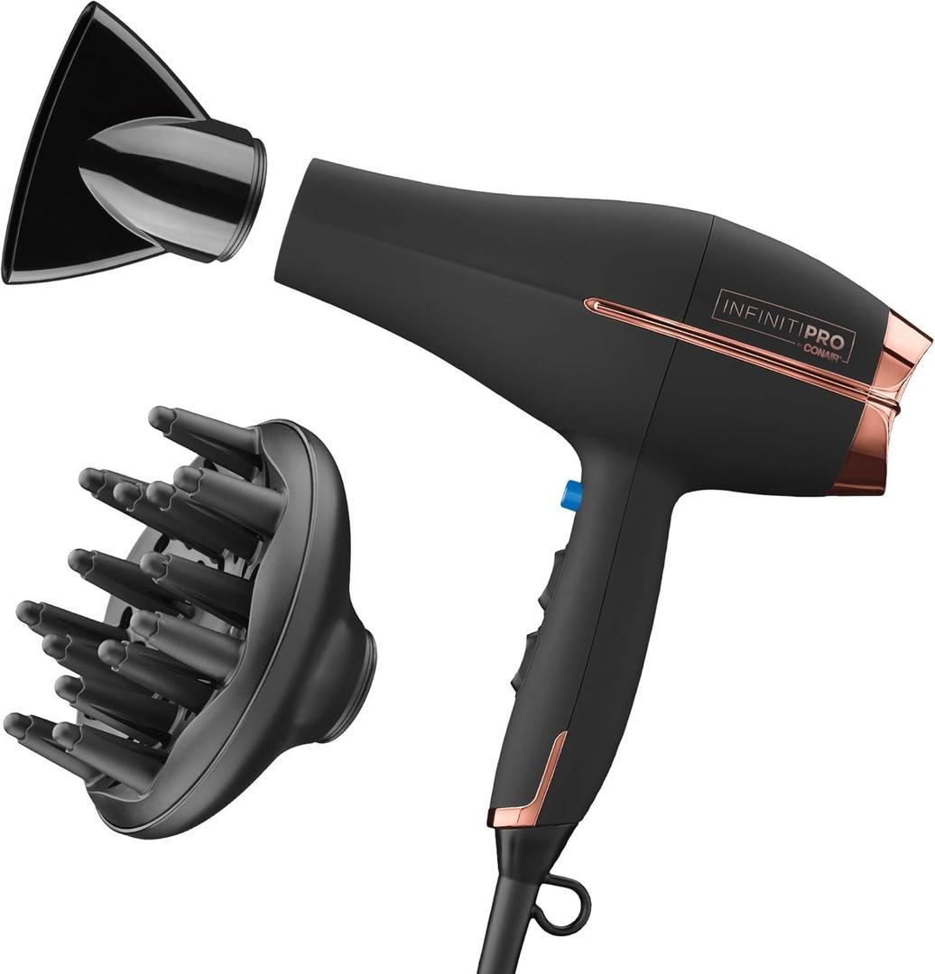 INFINITIPRO BY CONAIR Hair Dryer with Diffuser | AC Motor Pro Hair Dryer with Ceramic Technology | Includes Diffuser and Concentrator | Black | Packaging May Vary (1 Count (Pack of 1), Black With Bonus Diffuser and Concentrator)