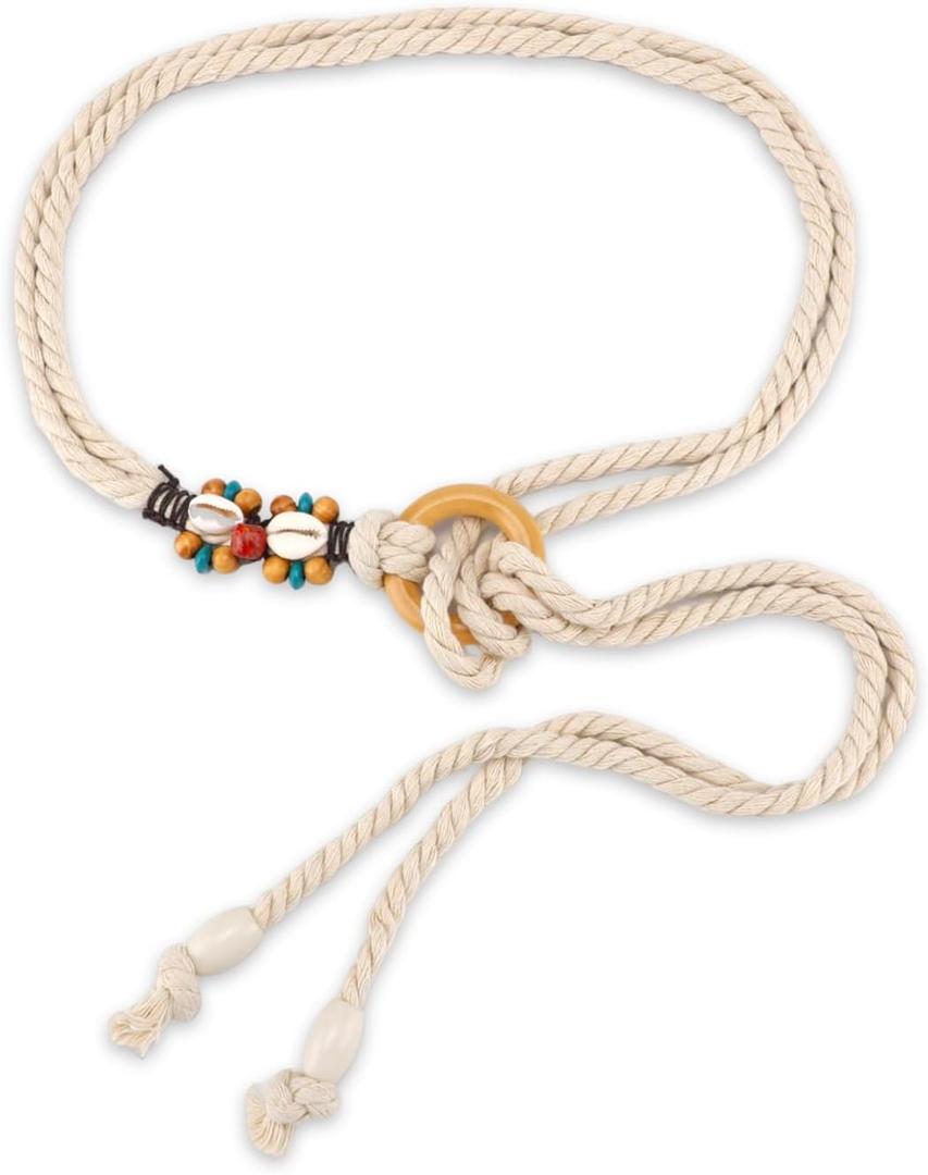 Rope Belts For Women,Women Tassel Braided Waist Belt,Tassel Waist Belts With Wooden Beads Waist Belt Rope Chain,Trendy Thin Belts White Thin Woven Waist Belts For Dresses Skirts Tunics