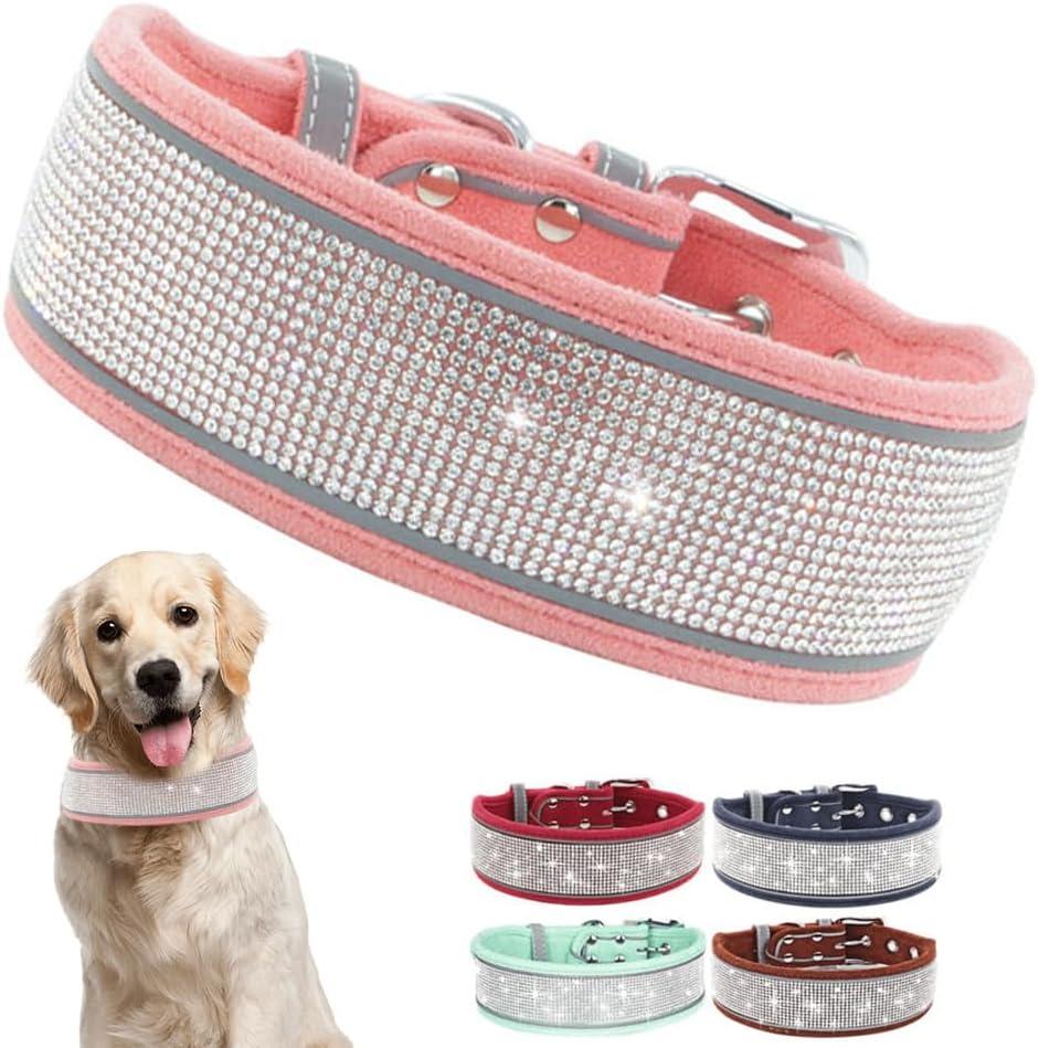 Pink Rhinestone Dog Collar for Small Dogs, Pretty Glitter Bling Dog Collar Diamond Sparkle Crystal Fancy Soft Pet Girl Dog Collars for Small Medium Large Female Dogs, S Wide 1.6-inch