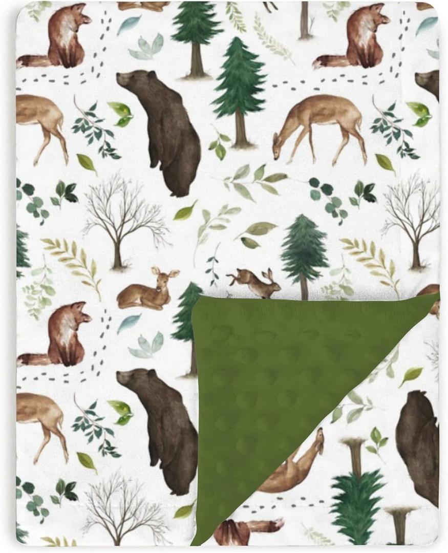 Forest Woods Animal Baby Blankets for Girls Boys 30" x 40", Green Soft Double Layer Minky Blanket with Dotted Fleece Back, Nursery Bed Receiving Quilt for Newborn Infant Toddler Shower Gift